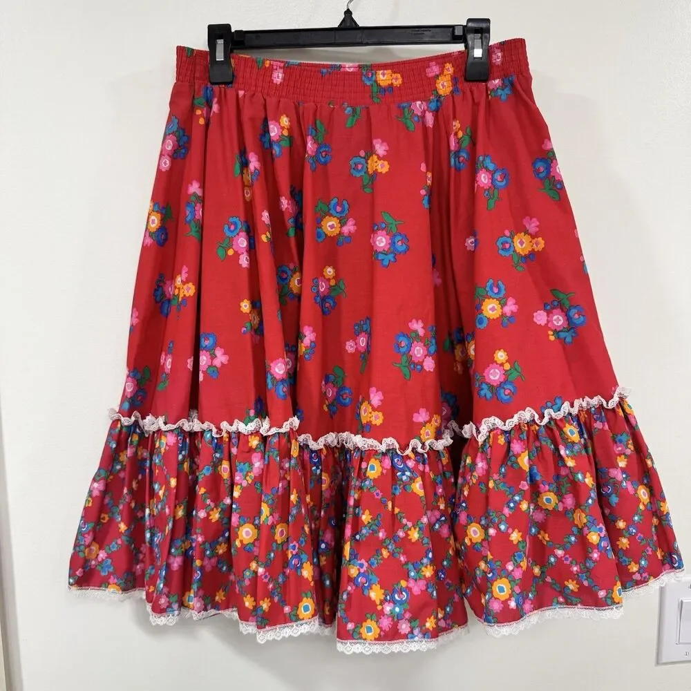 Malco Modes Ruffle Skirt Red Floral Med USA Boho Prairie Cottagecore Festival